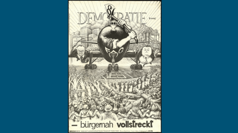 Karikatur über den Bau der Startbahn 18 West, herausgegeben von Bücherhaus Jansen + Weber (HStAD, R 2, 8295) Zeichnung eines axtschwingenden Flugzeugs auf einer Startbahn, davor Polizisten, Wald und Demonstranten