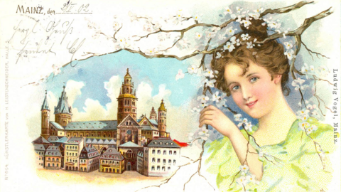 Historische Postkarte (gezeichnet): Dom und Häuser in Mainz, daneben Porträt einer jungen Frau mit Kirschblütenzweig