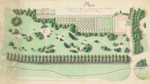 Planungen für die Umgestaltung des Bellevuegartens auf der Karlsaue in Kassel, 1871 (HStAM, Karten, P II 3916) Kolorierte Zeichnung (Vogelperspektive): Plan eines Parks mit Baumallee, verschlungenen Wegen und einem Gebäuden mit Nutzgarten