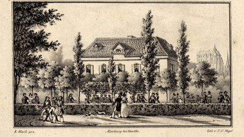 Beliebtes Ausflugsziel: Die Gastwirtschaft "Pfeiffer's Garten" in der Nähe vom Englischen Hof, um 1830 (Stich von Johann Otto Ludwig Hach und Friedrich Carl Vogel)  Zeichnung eines Hauses mit Gartenwirtschaft, davor Menschen