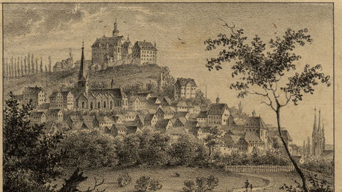 Zeichnung einer Stadt auf einem Berg mit einem Schloss