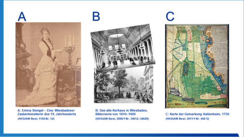Stimmen Sie ab: A - Zauberkünstlerin Emma Stengel, B - Bilderserie Altes Kurhaus in Wiesbaden, C - Karte der Gemarkung Hattenheim Kollage: Porträtfoto einer gut gekleideten Dame mit Zauberstab, zwei historische Stahlstiche des alten Wiesbadener Kurhauses und eine bunt kolorierte Karte der Gemarkung von Hattenheim