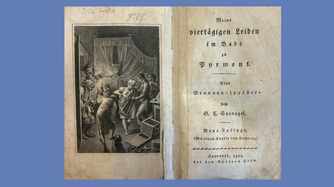 Vergnügliche Lektüre: "Meine viertägigen Leiden im Bade zu Pyrmont" von G.C. Sponagel, Hannover 1814 Illustriertes Vorsatzblatt und Titelblatt eines Buches
