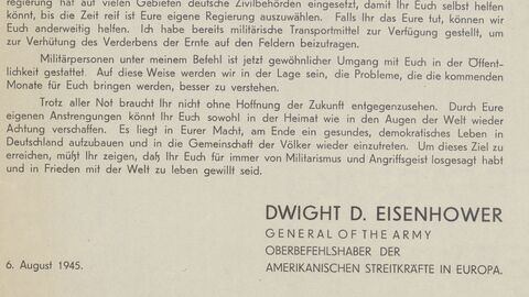 Ausschnitt aus der Botschaft des Generals Eisenhower an das deutsche Volk in der amerikanischen Besatzungszone, 6. August 1945. Überliefert als Plakat in HStAM Best. 180 Marburg Nr. 5626 gedrucktes Dokument