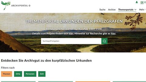 Eingangsseite des Themenportals „Urkunden der Pfalzgrafen“ im Archivportal-D Ausschnitt einer Internetseite mit verschiedenen Bildern