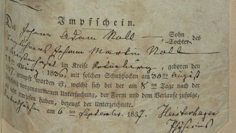 Impfschein für Johann Adam Noll 1837 aus HStAM Best. 180 Rotenburg, Nr. 580 gedrucktes Dokument mit handschriftlichen Elementen