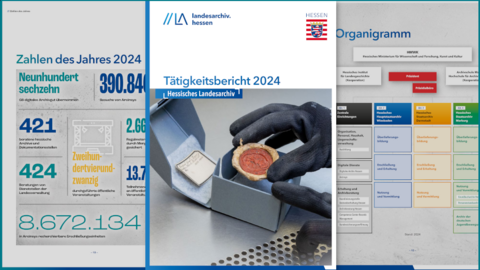 Tätigkeitsbericht 2024 des Hessischen Landesarchivs Titelseite und zwei Seiten des Tätigkeitsberichts 2024