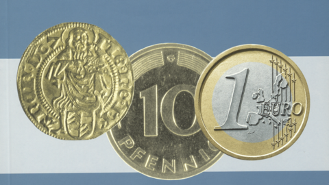 Historische und aktuelle Münzen Kollage von drei Fotos einer historischen Münze, eines 10-Pfennigstücks und eines 1-Euro-Stücks