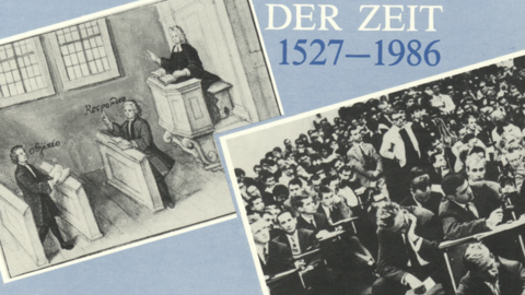 Studenten verschiedener Epochen Kollage: Links historische Darstellung von Studenten, rechts Foto eines Hörsaals in den 1960er Jahren