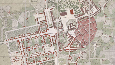 Stadtplan von Darmstadt, 1822 (HStAD, P 1, 1384) Historischer Stadtplan, gedruckt, mit Einzeichnung der bebauten Flächen und der Grünflächen