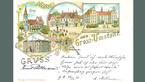 Postkarte von Groß-Umstadt, 1896 (HStAD, R 4, 18694) Historische Postkarte, gezeichnet: Kirche, Rathaus mit Marktplatz, Real- und Landwirtschaftsschule und Amtsgericht von Groß-Umstadt, dargestellt in Schmuckrahmen