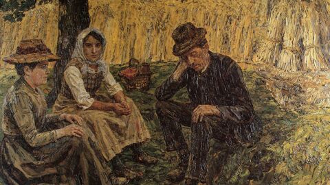 Ernst Eimer's Gemälde "Ernte" von 1914 zwei Frauen und ein Mann sitzen unter einem Baum, hinter Ihnen zusammengebundenes Stroh