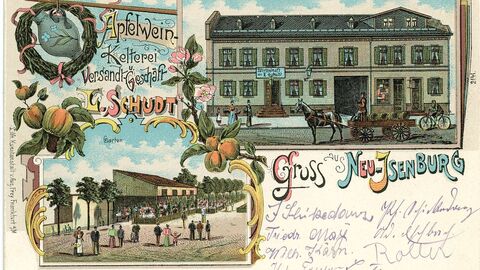 Neu-Isenburg, Apfelwein-Kelterei und Versandt-Geschäft L. Schudt/Ansicht der Gastwirtschaft und des Gartens bunte Postkarte mit mehreren Motiven, Gastwirtschaft und Garten