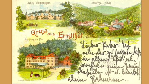 Postkarte aus Ernsttal, 1898 (HStAD, R 4, 34507) Historische Postkarte, gezeichnet: Schloss Waldleiningen, Gasthaus zur Post und Blick auf Ernstthal zwischen Hügeln
