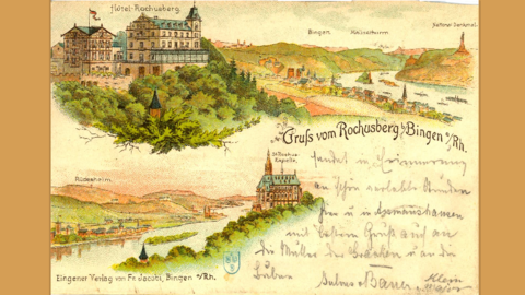 Rheintal und Rochusberg bei Bingen, 1896 Historische Postkarte, gezeichnet: Oben links das Hotel Rochusberg, rechts oben Blick in das Rheintal nach Westen, unten Blick nach Osten und Rochus-Kapelle