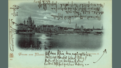 Nächtliche Ansicht von Mainz, 1898 (HStAD, R 4, 397) Historische Postkarte, gezeichnet: Blick über den Rhein bei Mondschein auf Mainz