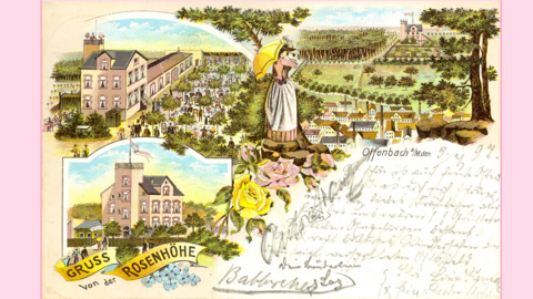 Gasthof Rosenhöhe bei Offenbach am Main, 1897 (HStAD, R 4, 436) Historische Postkarte, gezeichnet: Villa mit Turm aus drei verschiedene Perspektiven, in der Mitte der Karte eine Dame mit Sonnenschirm und Fernglas