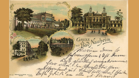 Sehenswürdigkeiten von Bad Nauheim, 1893 (HStAD, R 4, 498) Historische Postkarte, gezeichnet: Kurhaus, Parkstraße, Sprudel und Badehaus von Bad Nauheim in Vignetten