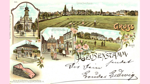 Postkarte aus Heusenstamm, 1897 (HStAD, R 4, 635) Historische Postkarte, gezeichnet: Kirche, Schule, Schlossstraße, Schloss und Totalansicht von Heusenstamm, unten links ein geöffnetes Portemonnaie.