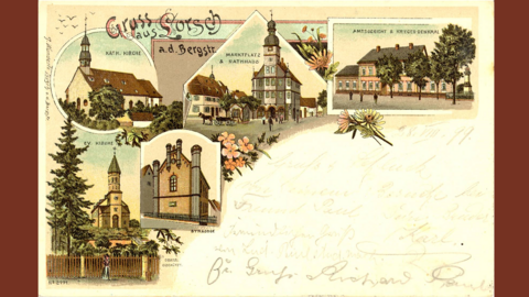 Postkarte von Lorsch an der Bergstraße, 1899 (HStAD, R 4, 647) Historische Postkarte, gezeichnet: Katholische Kirche, Evangelische Kirche, Synagoge, Marktplatz mit Rathaus und Amtsgericht mit Kriegerdenkmal