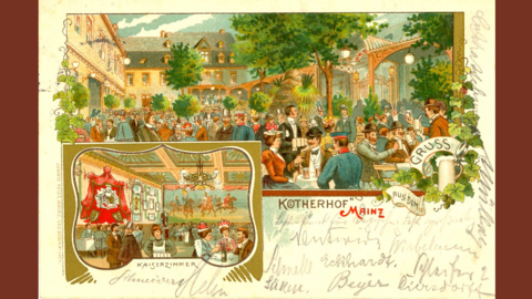 Postkarte des "Kötherhofs" bei Mainz, 1900 (HStAD, R 4, 650) Historische Postkarte, gezeichnet: Blick in einen vollen Biergarten in einem Hof, links ein kleines Bild eines prächtig ausgestatteten Innenraums