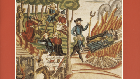 Titelbild des Ausstellungskatalogs "und möchten verbrennet werden..." Kolorierter Holzschnitt: links Hexen beim Fest mit dem Teufel, rechts Hinrichtung auf dem Scheiterhaufen