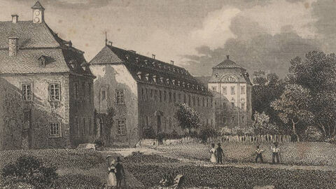 Zeichnung von drei Gebäuden in schwarz-weiß