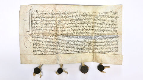 Urkunde mit vier anhängenden Siegeln