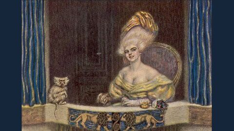 Dame in der Loge Historisches Gemälde: Eine Dame mit hoher Perücke sitzt in einem Sessel in einer Theaterloge mit blauen Vorgängen, links ein kleiner Affe