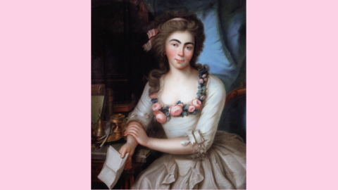 Gemälde einer jungen Frau in einem hellen, mit Blumen geschmücktem Kleid, in der Hand einen Brief