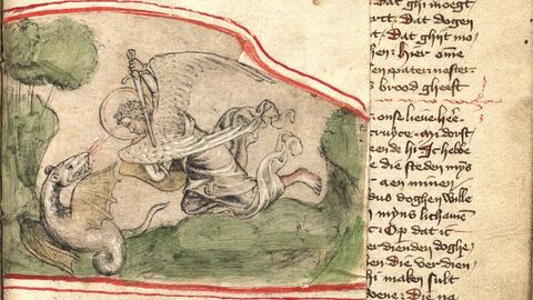 St. Georg im Kampf gegen den Drachen, Darstellung in einer niederländischen Bilderhandschrift des 15. Jahrhunderts (HHStAW, Best. 3004, Nr. b 10. fol. 136) Kolorierte Zeichnung eines Drachen der mit einem Engel kämpft, rechts handschriftlicher Text