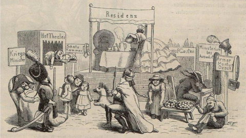 Stahlstich: Darstellung eines kleinen Jahrmarkts mit Buden und Attraktionen, die mit Amtsbezeichnungen wie "Kriegsminister" und "Schatzkammer" bezeichnet sind