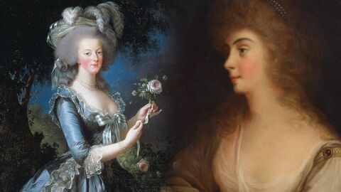 Königin Marie-Antoinette und Großherzogin Luise Henriette von Hessen-Darmstadt zwei Frauen, links eine Frau in blauem Kleid mit Federgeschmücktem Hut und einer Rose in der Hand, rechts eine Frau mit braunen Haaren in einem braunen, leichten Kleid