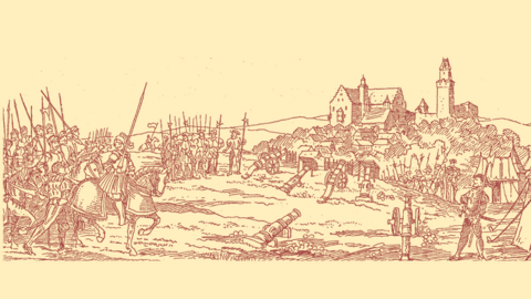 Belagerung Kronbergs 1522 Stilisierte Darstellung eines Belagerungsheeres mit Reitern und Fußsoldaten, rechts die Burg Kronberg