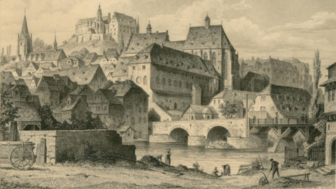 Blick auf Marburg von Weidenhausen, 1840 (HStAD, R 4, 31674) Kupferstich: Blick über die Lahn auf die Weidenhäuser Brücke, die Gebäude der Universität und Wohnhäuser und das Schloss in Marburg