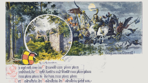 Schauerliche Sehenswürdigkeit: Das Geisterheer des Rodensteiners und Ruine Rodenstein im Odenwald, um 1910 (HStAD, R 4, 38942/41 A) Historische Postkarte: Zeichnung einer Burgruine und eines Geisterheeres mit reitenden Gerippen, Teufel, Feldermäusen und anderen Tieren