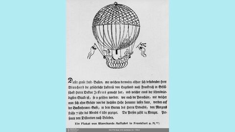Werbeplakat zur Ballonfahrt von Jean-Pierre Blanchard 1785 Gedruckter Text, darüber eine Zeichnung von einem Heißluftballon