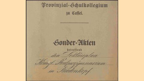 Aktendeckel des Provinzial-Schulkollegiums zu Cassel Sonder-Akten betreffend den Lektüreplan des königlichen Realgymnasiums in Biedenkopf