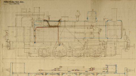 Querschnittszeichnung einer Dampflok mit farbiger Einzeichnung der Leitungen