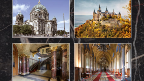 Kollage: Zwei Fotos von Gebäuden (Kirche, Burg Hohenzollern) und Eingangshalle bzw. Saal auf schwarzem Marmor