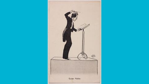 Zeichnung eines Mannes im schwarzen Anzug der vor einem Pult steht und mit einem Stab in der Hand dirigiert