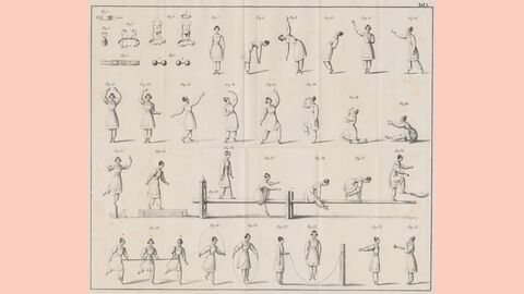 Zeichnung von einer Frau, die verschiedene Gymnastikübungen ausführt