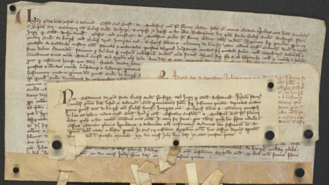 Drei aneinander befestigte, aufeinanderliegende Urkunden aus Pergament, handschriftlich beschrieben