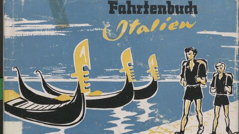 Grafisch gestaltetes Titelblatt mit der Aufschrift "Fahrtenbuch Italien" stilisierte Gondeln auf Wasser sowie zwei wandernde Personen mit Rucksäcken am Ufer, in Blau-, Schwarz- und Gelbtönen
