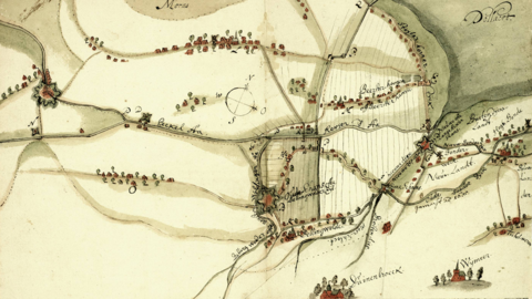 Historische Karte mit stilisierter Darstellung von Straßen, sternförmigen Schanzwerken, Dörfern, und Bäumen